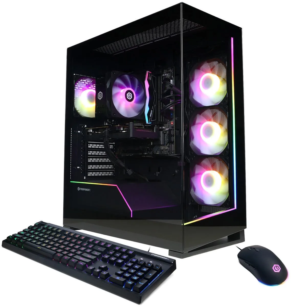 Black mid-tower gaming desktop with front mesh panel