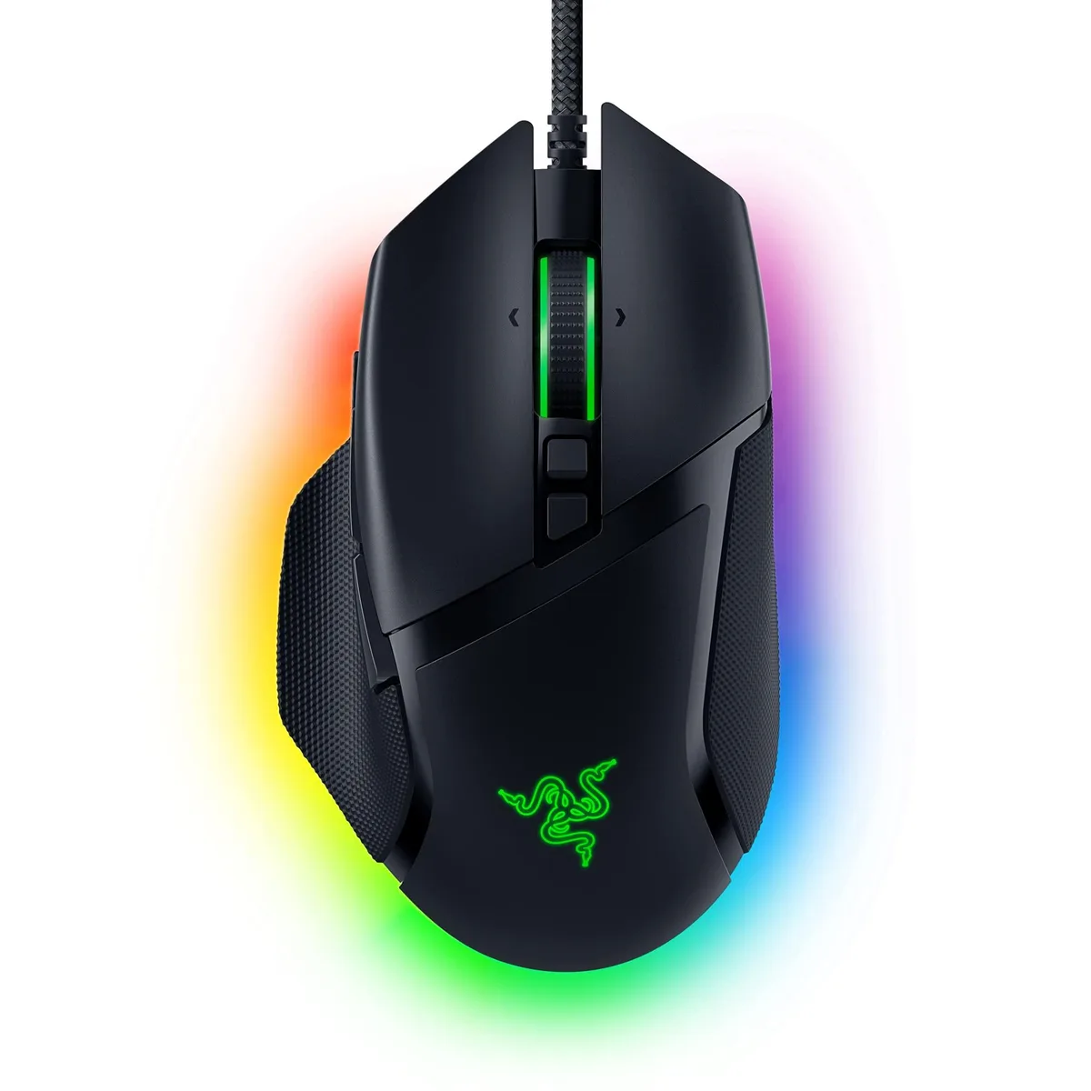 Black ergonomic right-hand gaming mouse with thumb rest, RGB lighting zones and textured scroll wheel
