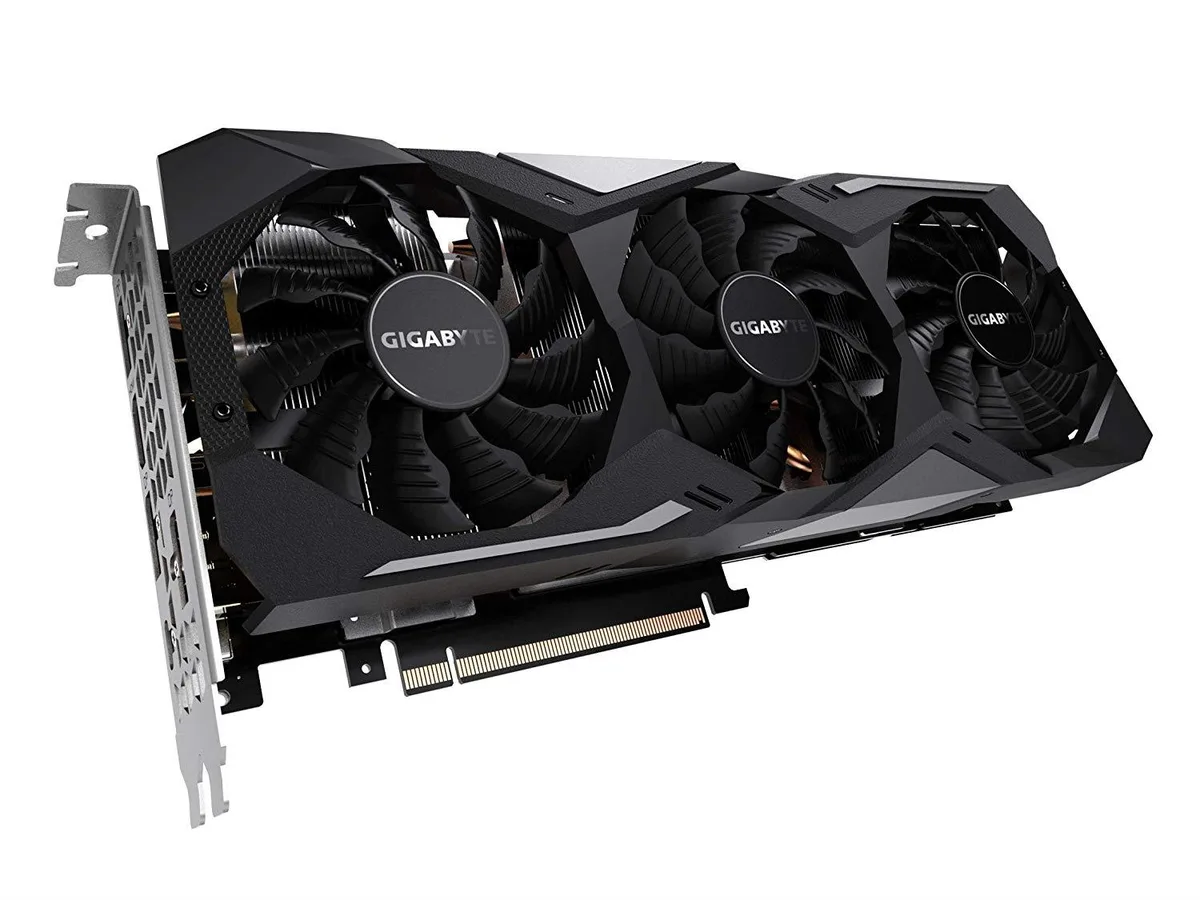 Triple-fan graphics card in silver and black finish