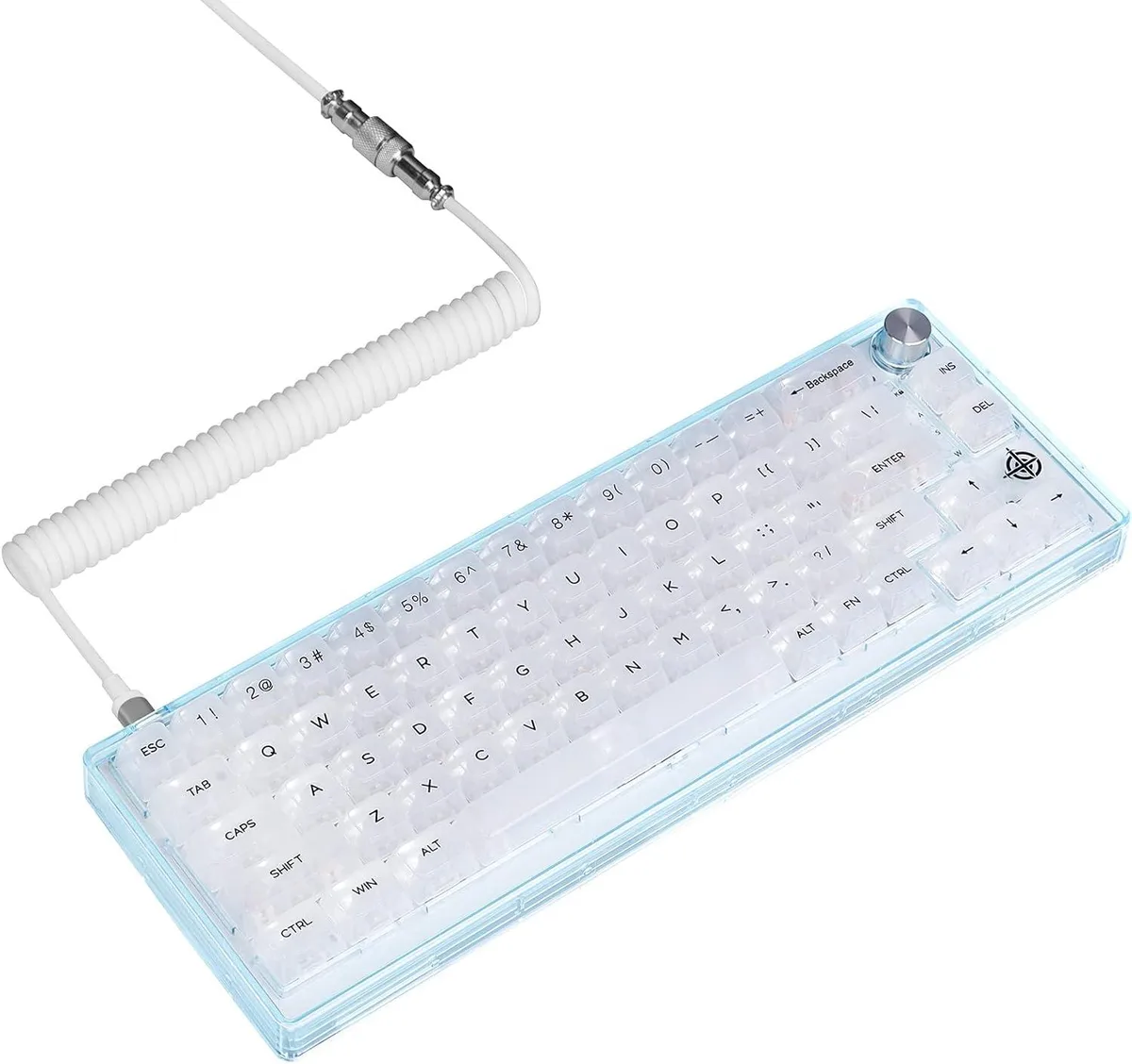 Compact 66-key wired mechanical keyboard with transparent keycaps and rotary knob control