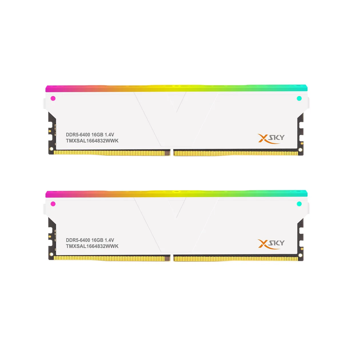 Two white DDR5 memory modules with RGB lighting