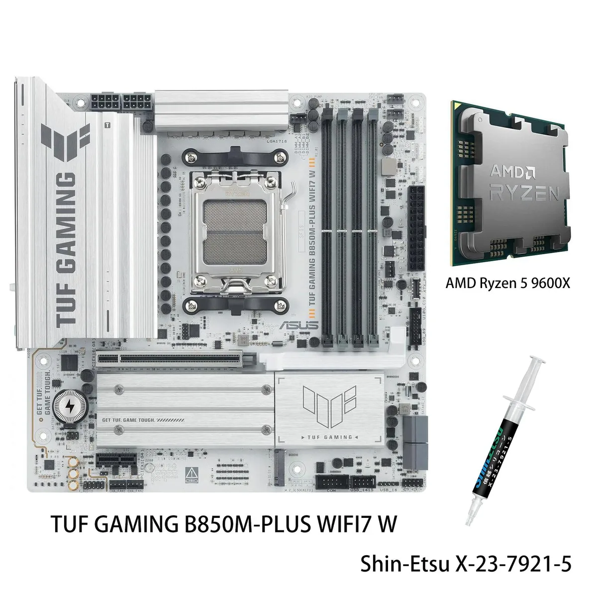 ASUS TUF Gaming B850M-PLUS WIFI7 W motherboard and Ryzen 5 9600X CPU combo on white PCB