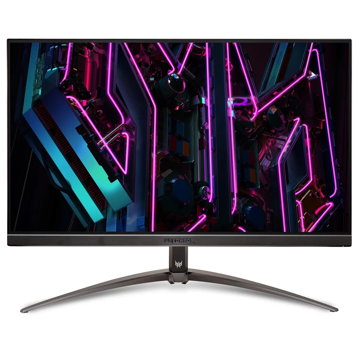 27 inch frameless IPS gaming monitor with thin black bezels and angular stand