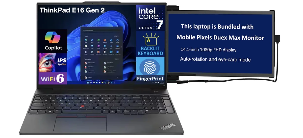 Black ThinkPad E16 Gen 2 laptop with 16 inch screen and portable Duex Max DS monitor attached