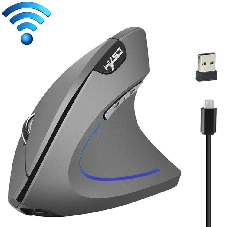 Grey vertical ergonomic mouse with thumb buttons and scroll wheel