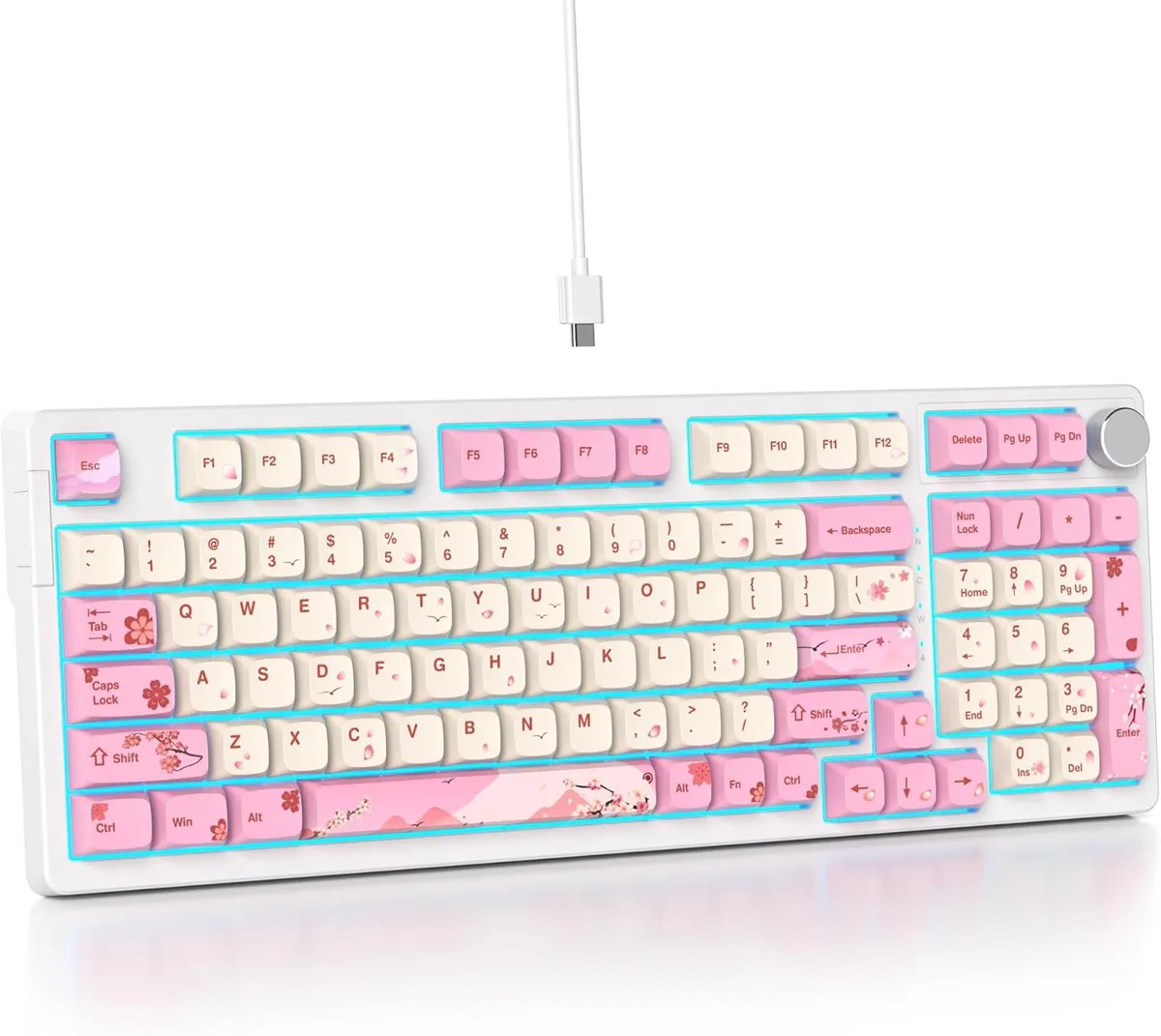Compact 96 percent mechanical keyboard with 98 keys, rotary knob and floral keycaps