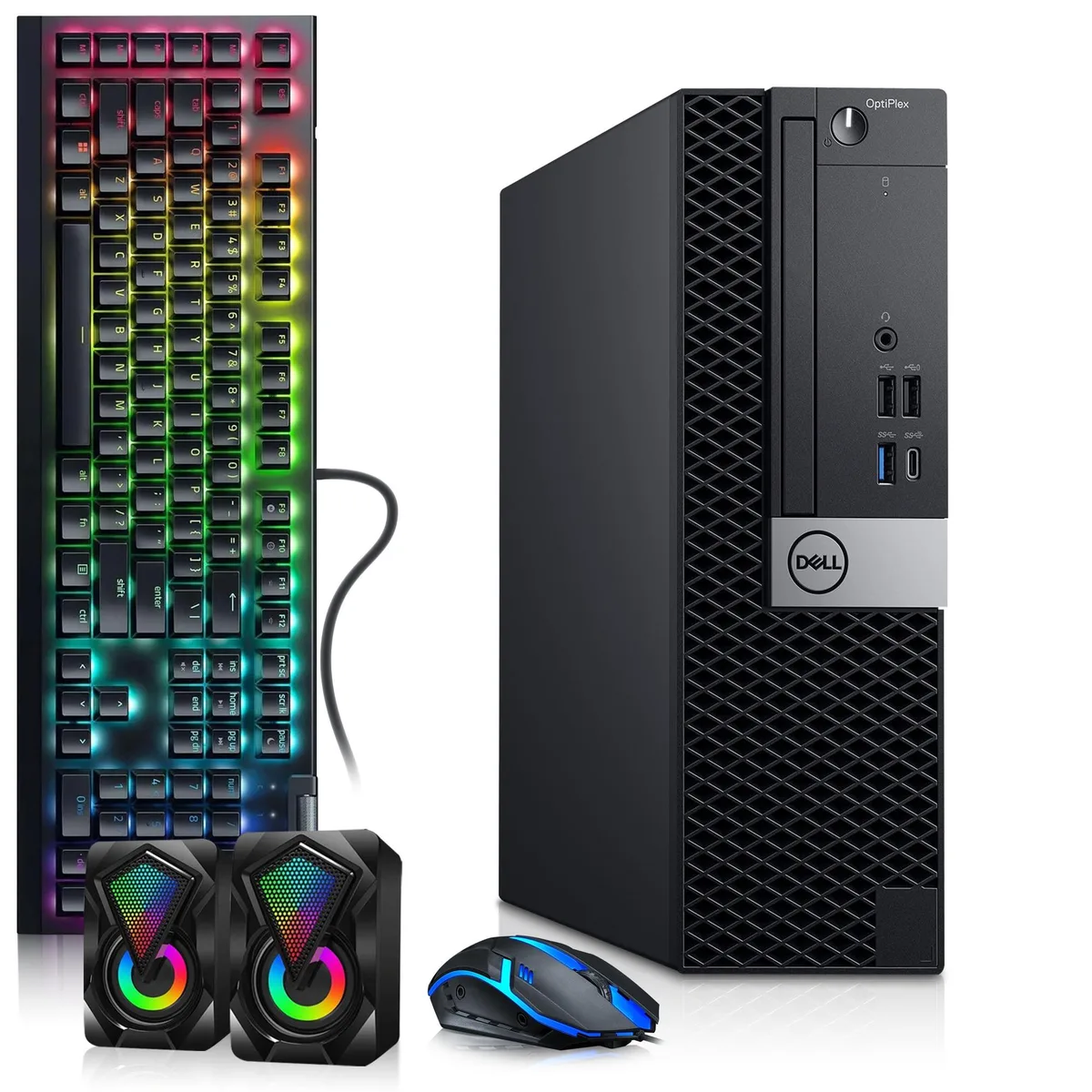 Black small-form-factor desktop tower with RGB keyboard and mouse