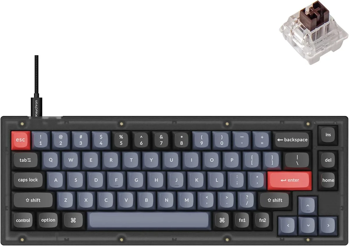 Compact 65% mechanical keyboard, frosted black translucent case with brown switches