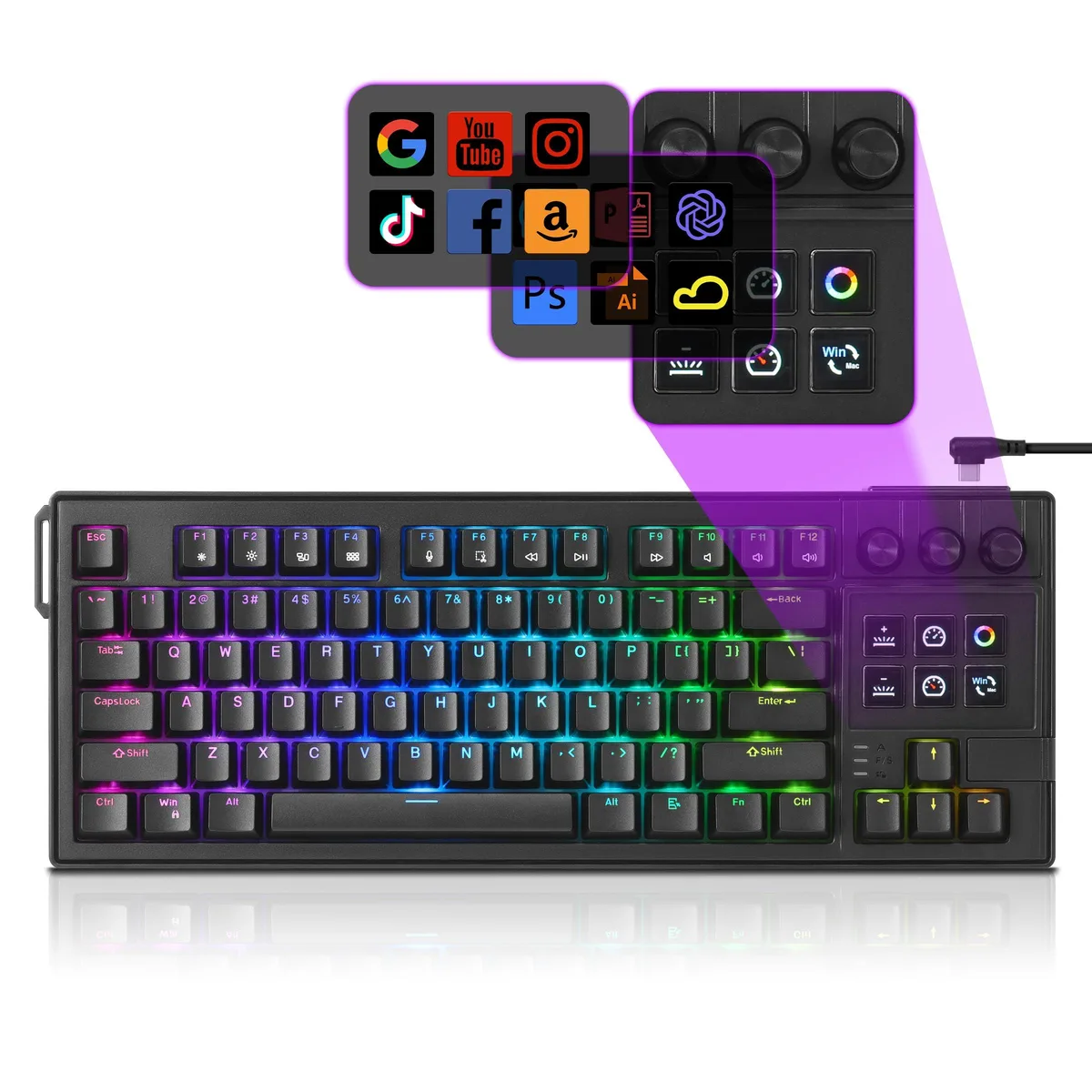 Black compact 80% mechanical keyboard with six LCD stream keys and three rotary knobs