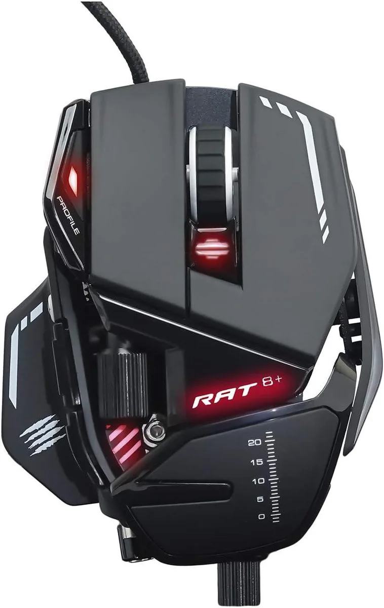 Mad Catz R.A.T. 8+ gaming mouse, angular adjustable chassis, matte black finish with red accents