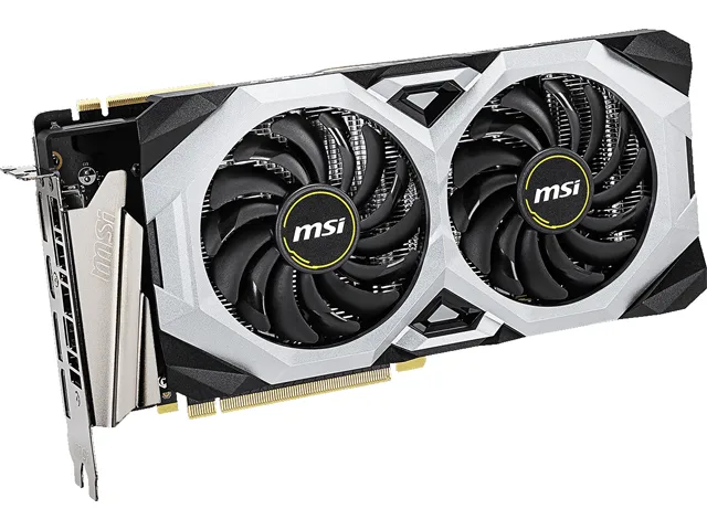 Black dual-fan graphics card with silver backplate, PCIe 3.0 x16 interface