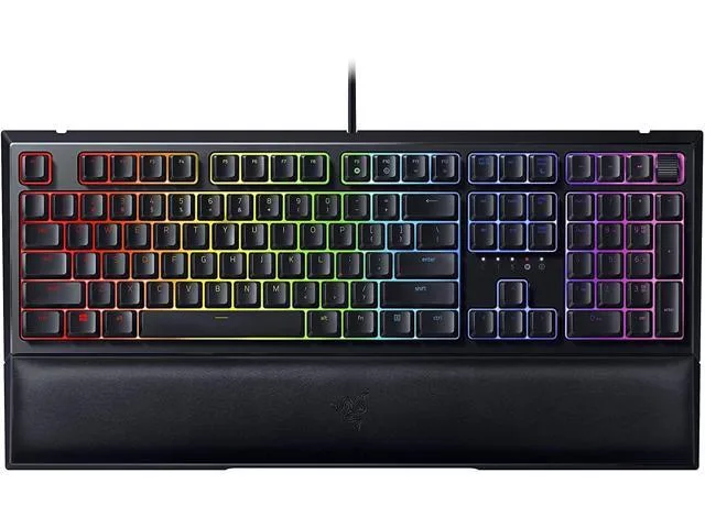 Black full-size wired gaming keyboard with detachable plush wrist rest and RGB backlit keys
