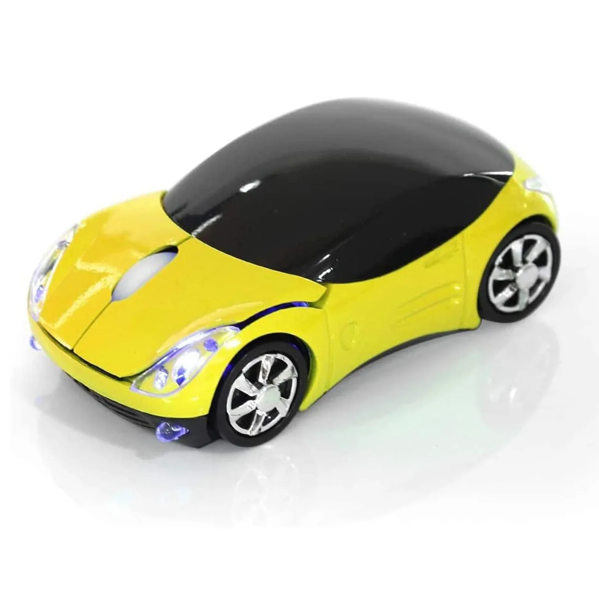 Yellow car-shaped wireless mouse with USB receiver