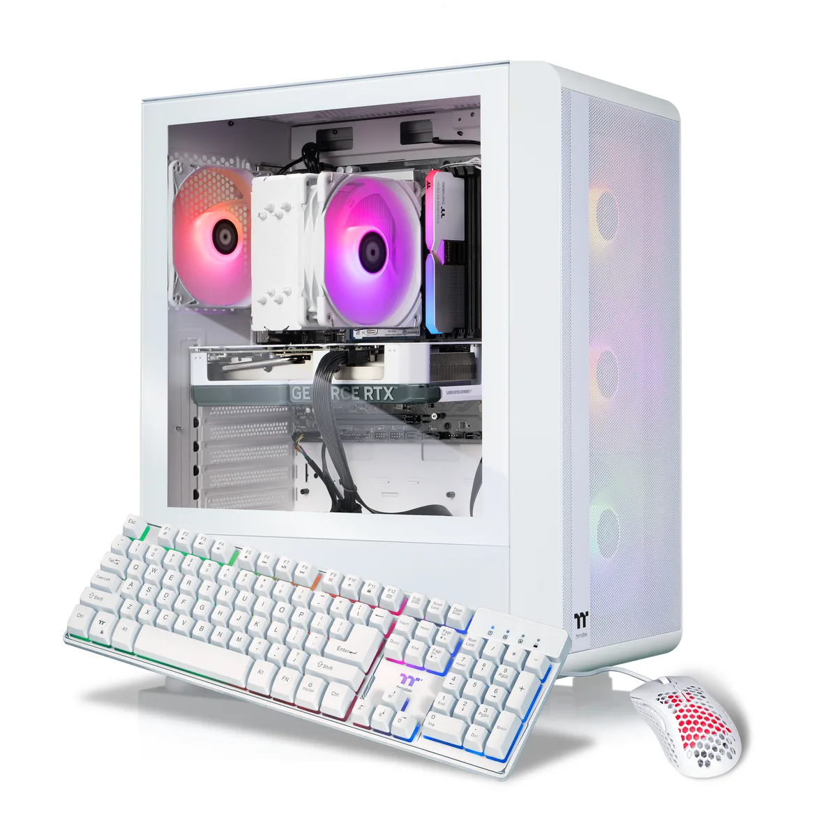 White mid-tower gaming PC with ARGB tower cooler visible through side panel