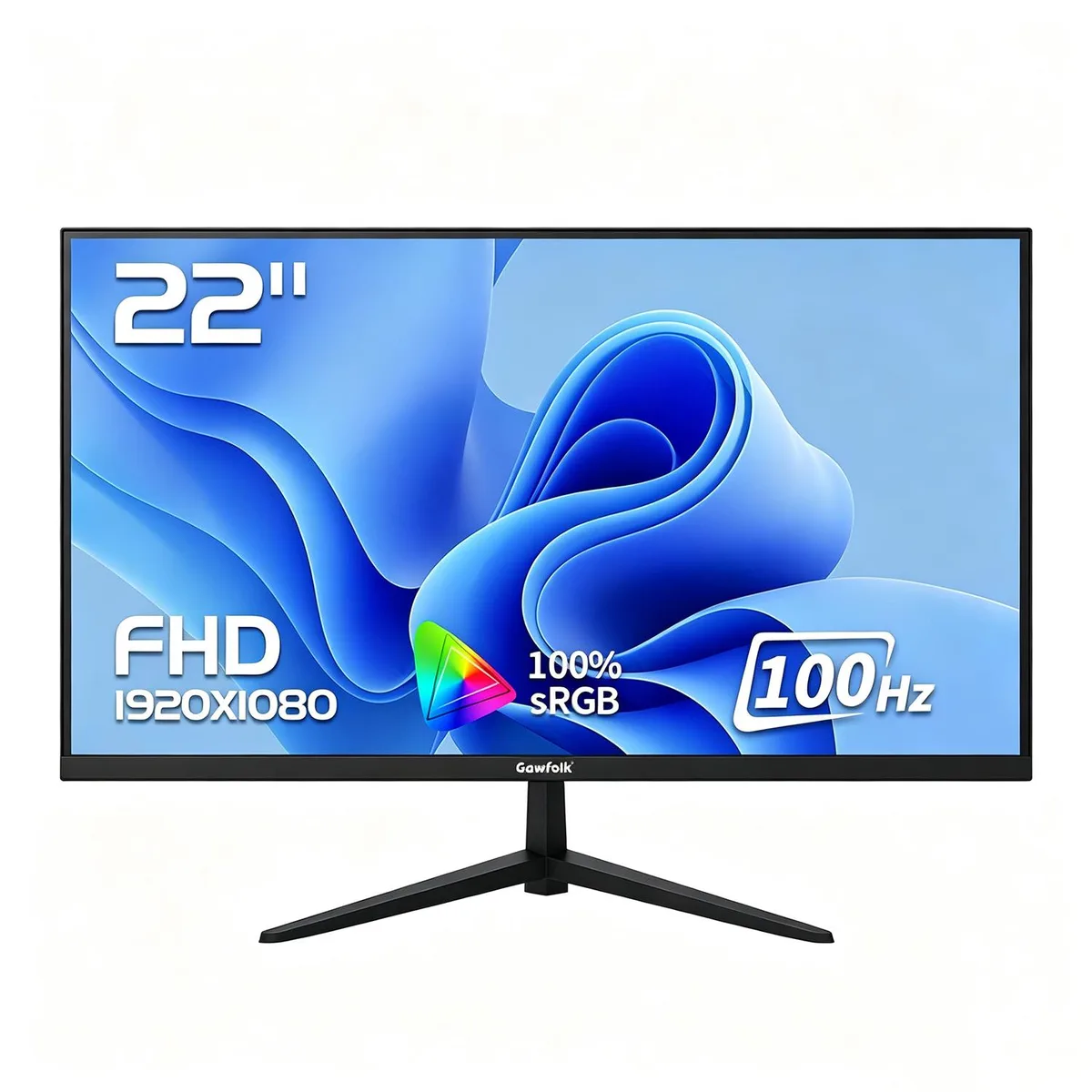 Flat 22 inch black monitor on triangular metal stand, narrow bezel, HDMI port visible