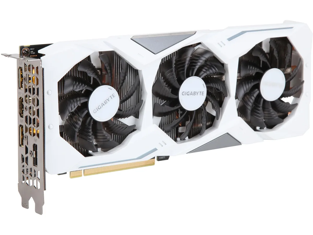 White dual-slot graphics card with three fans and a backplate, 11.04 inches long