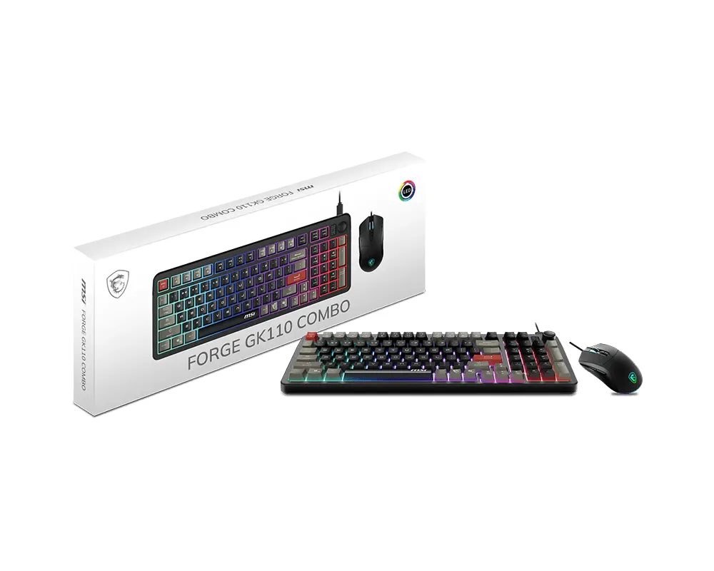 Black membrane keyboard with volume knob and symmetrical optical mouse, both RGB backlit