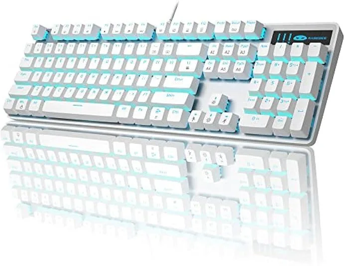 White full-size mechanical gaming keyboard with blue switches and backlit keys