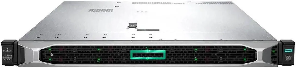 Silver 1U rack server with eight front drive bays, rail kit attached