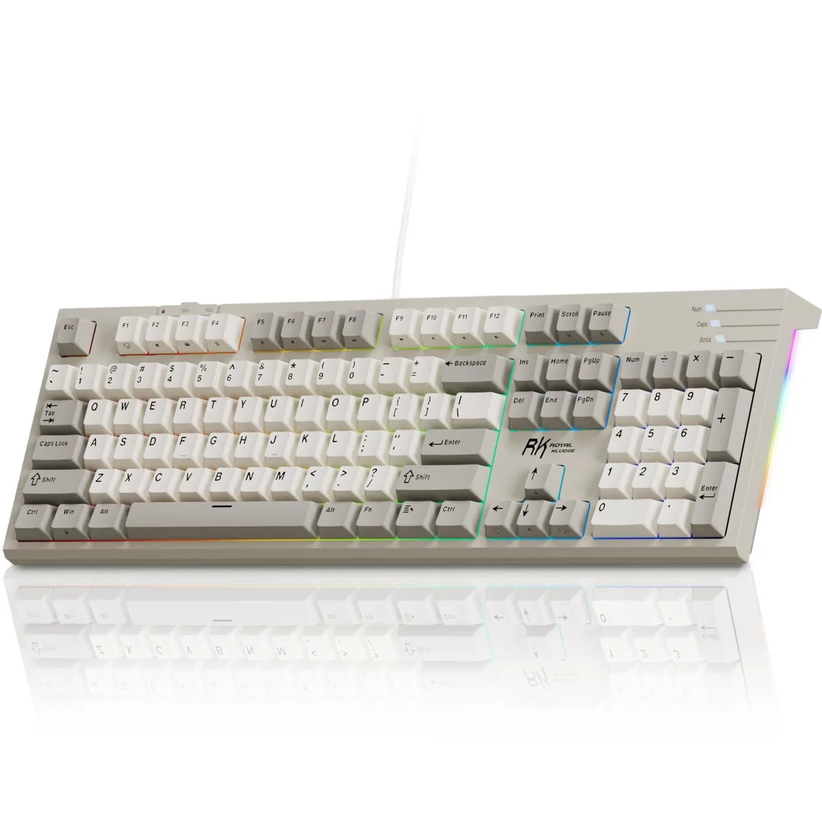 Grey full-size mechanical keyboard with violet linear switches and RGB backlighting