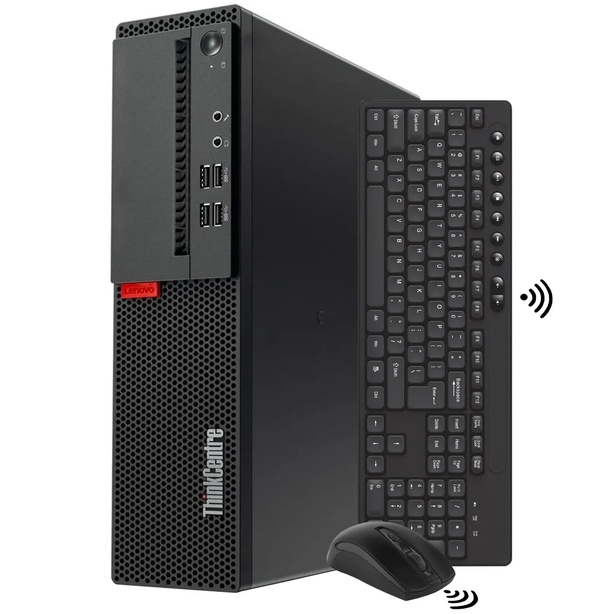 Compact black small form factor desktop tower with wireless keyboard and mouse