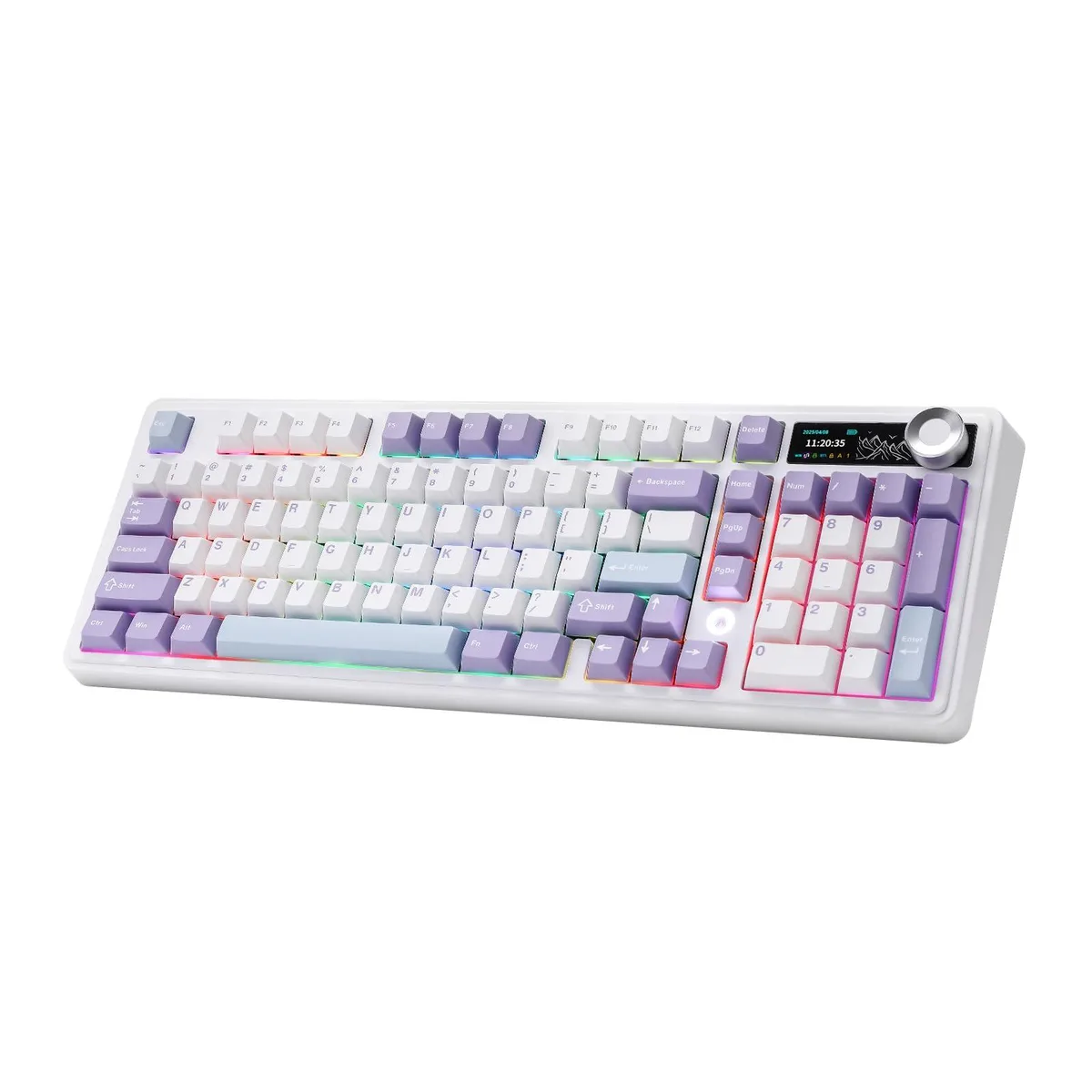 Purple 98 percent mechanical keyboard with TFT display and side knob