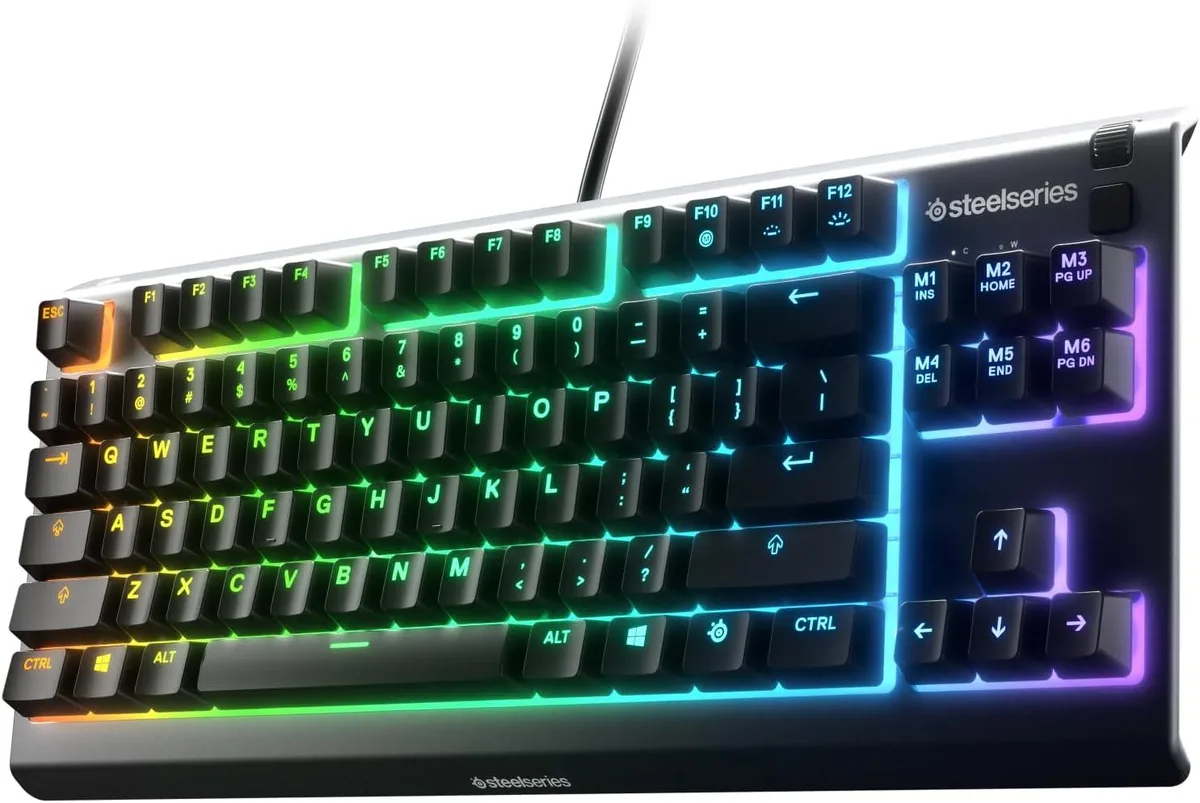 Black compact tenkeyless gaming keyboard with RGB lighting
