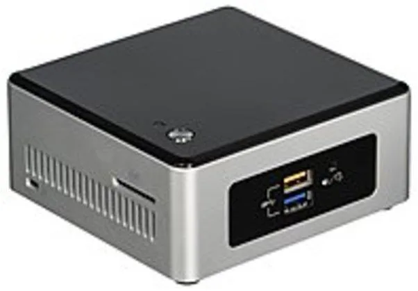 Small silver and black square mini PC with rounded edges