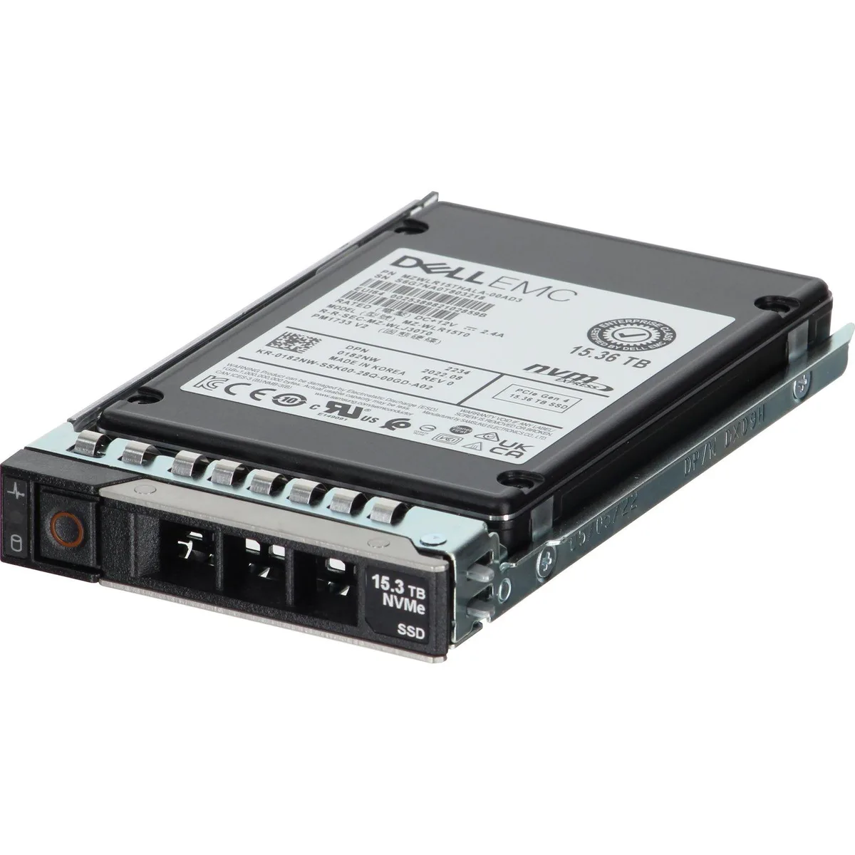Silver 2.5 inch enterprise SSD with label showing Dell 15.36TB PM1733 V2