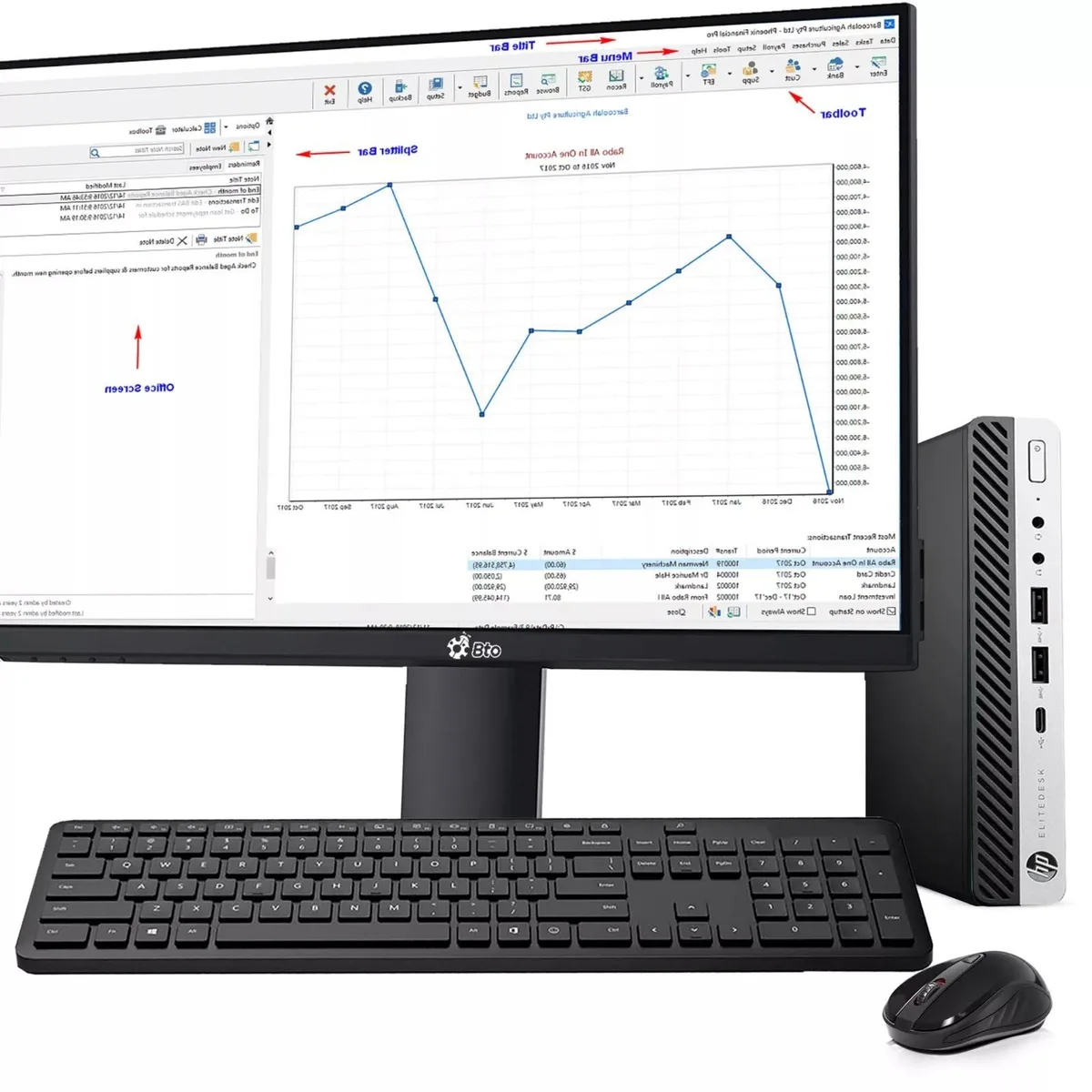 Compact black HP 600 G4 Tiny desktop with 24 inch monitor keyboard and mouse