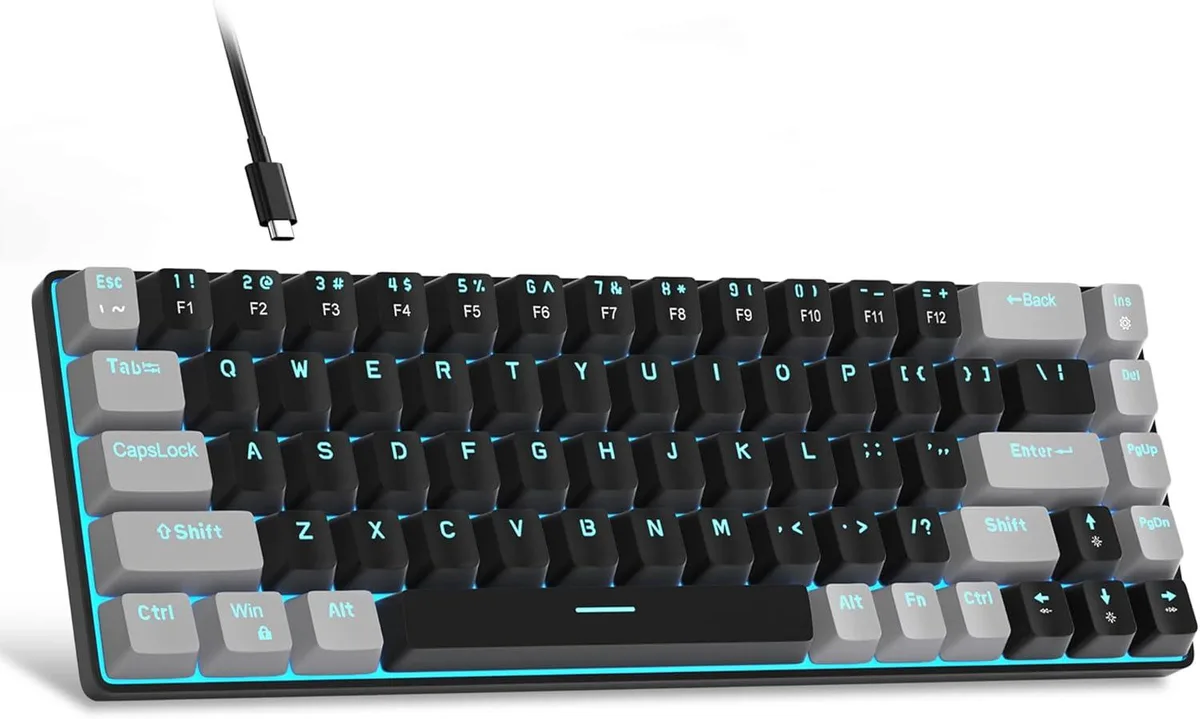 Compact 68-key mechanical keyboard in black and grey with blue LED backlighting