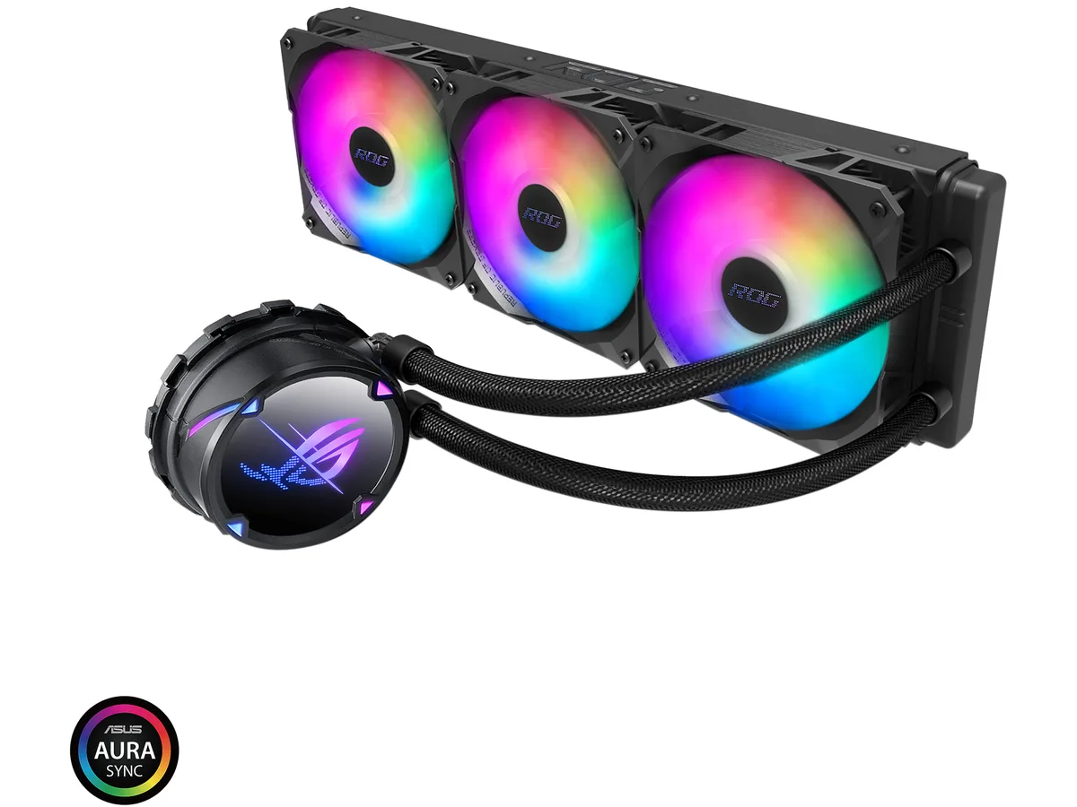Black 360 mm radiator with three 120 mm ARGB fans, copper pump block and sleeved rubber tubes