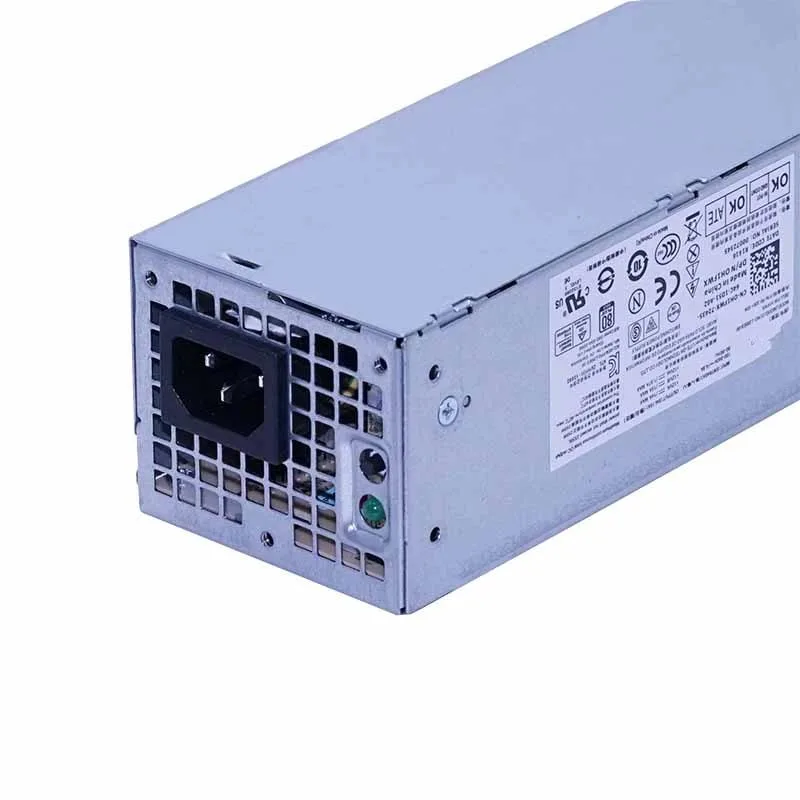 Rectangular black metal ATX power supply unit with rear fan grille and cable bundle