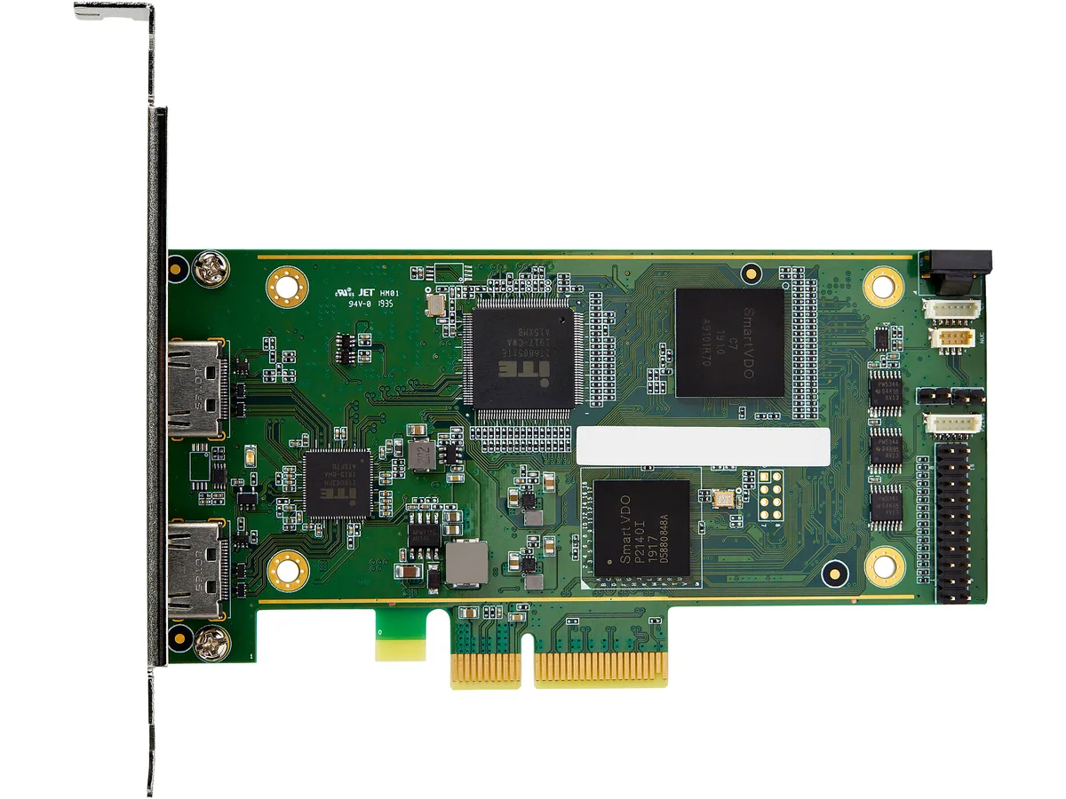 Black PCIe x4 capture card with two HDMI ports and a low-profile bracket