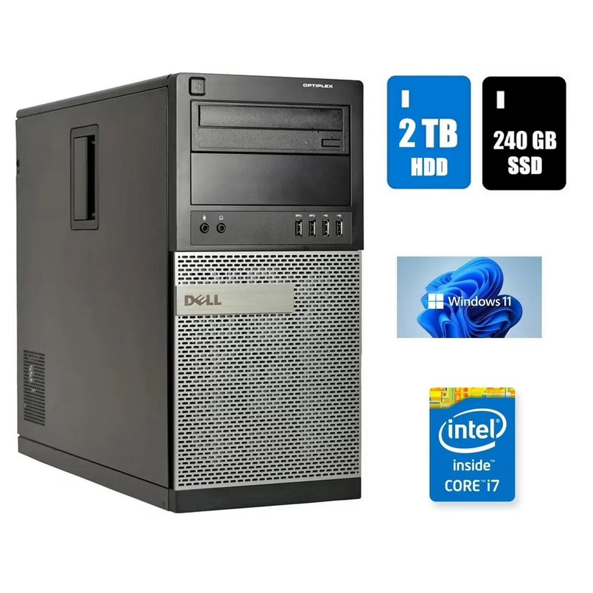 Black and silver tower desktop with DVD drive and USB Wi-Fi adapter