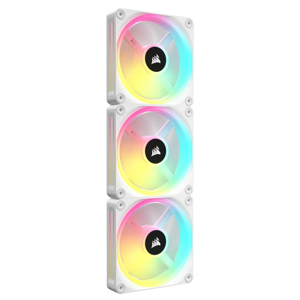 Three white 120mm RGB case fans with magnetic dome bearings and iCUE LINK connectors, shown in starter kit packaging