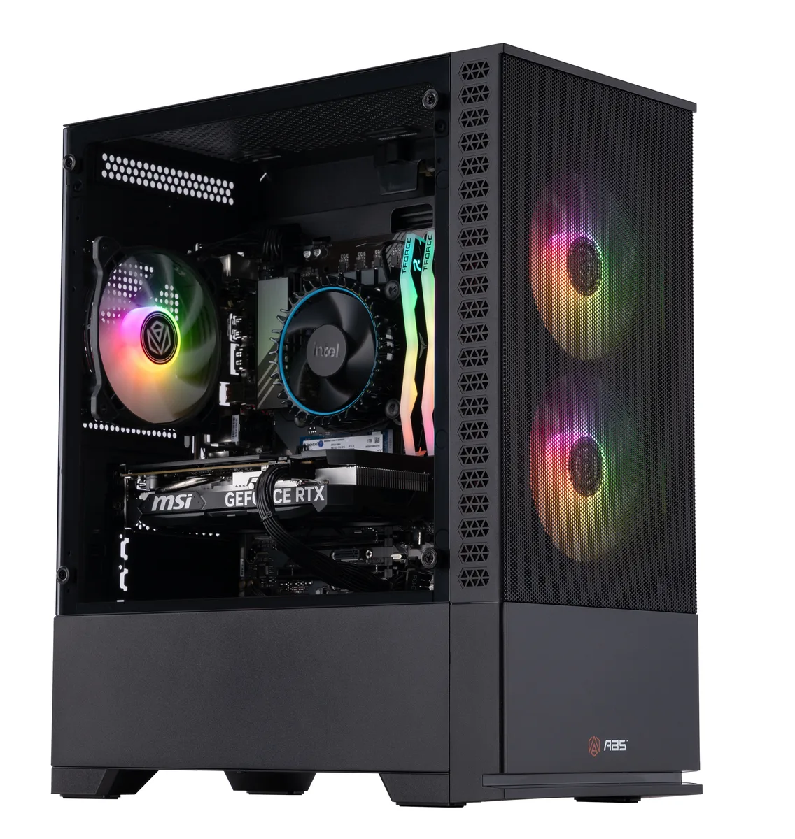 Black mid-tower gaming desktop with RGB memory visible through side panel