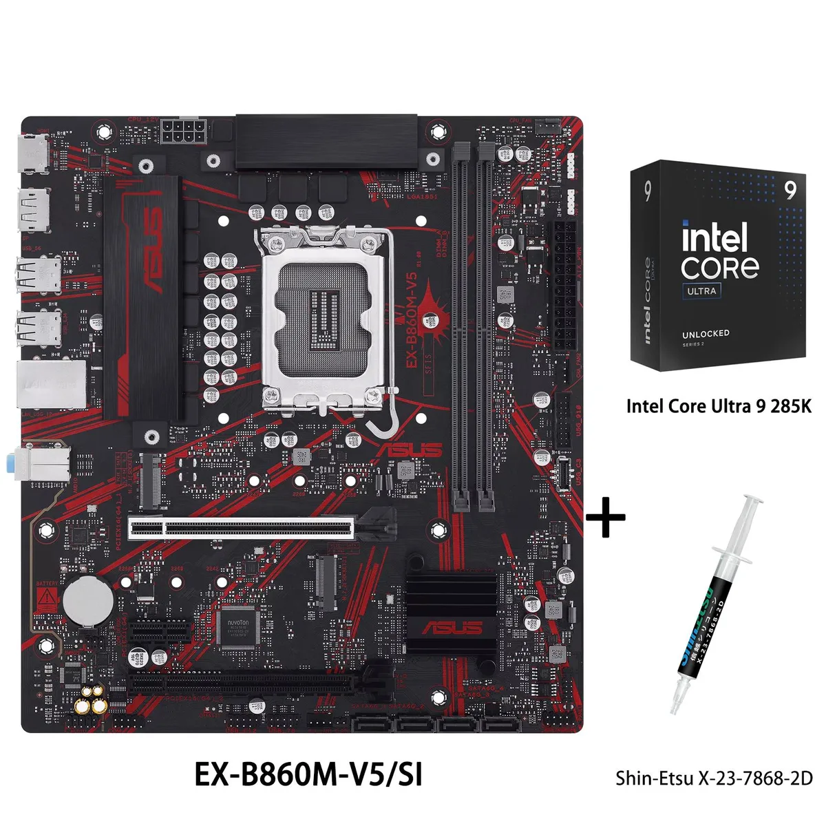 ASUS EX-B860M-V5/SI mATX motherboard with Intel Ultra 9 285K CPU and Shin-Etsu thermal paste