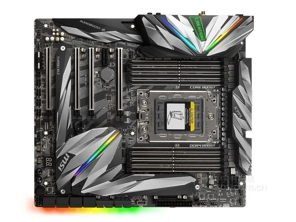 Large rectangular E-ATX motherboard, dark grey finish with silver heatsinks and multiple expansion slots