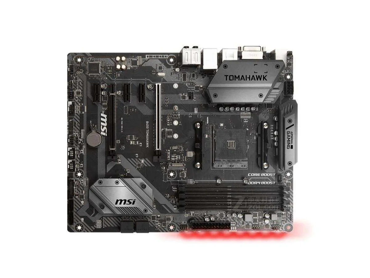 Rectangular ATX motherboard, black PCB with silver heatsinks and grey expansion slots