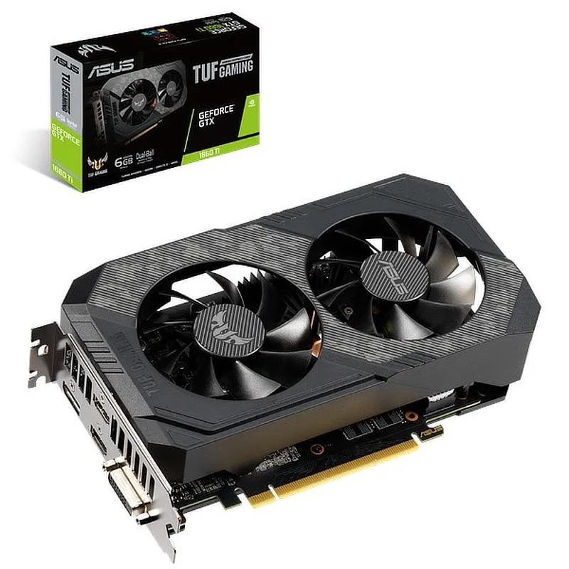 Black dual-fan graphics card with metal backplate, two HDMI, one DisplayPort, one DVI