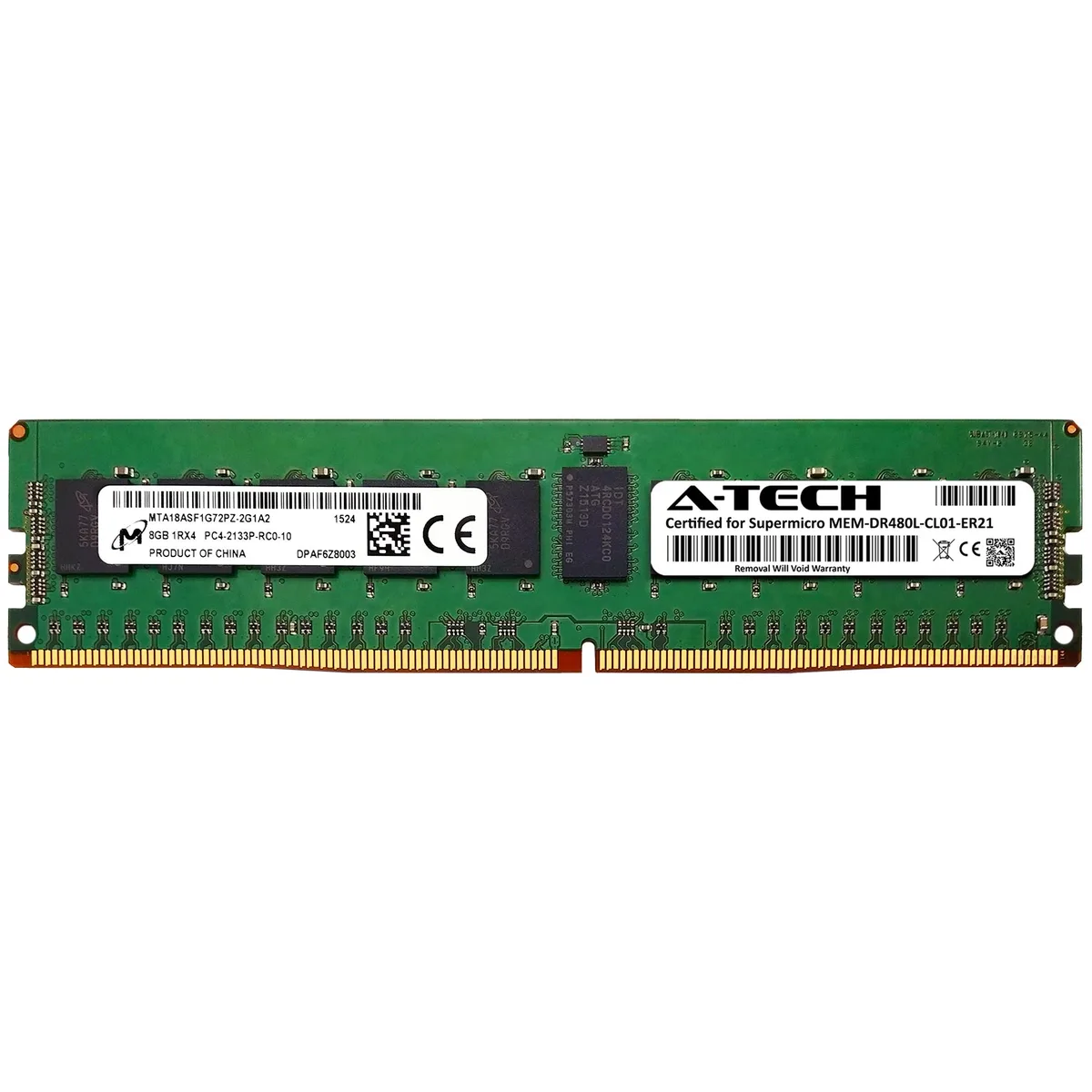 Green 288-pin DDR4 RDIMM module with black chips, single rank ECC registered