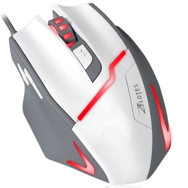 White right-handed wired gaming mouse with seven buttons and LED breathing light
