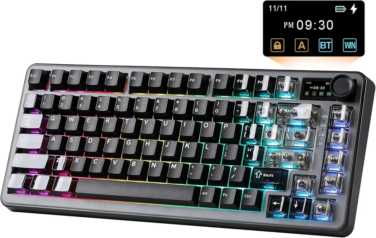 Compact black 75% mechanical keyboard with side knob and colour screen