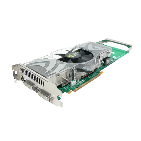Full-height dual-slot graphics card with silver shroud, two DVI ports and S-Video