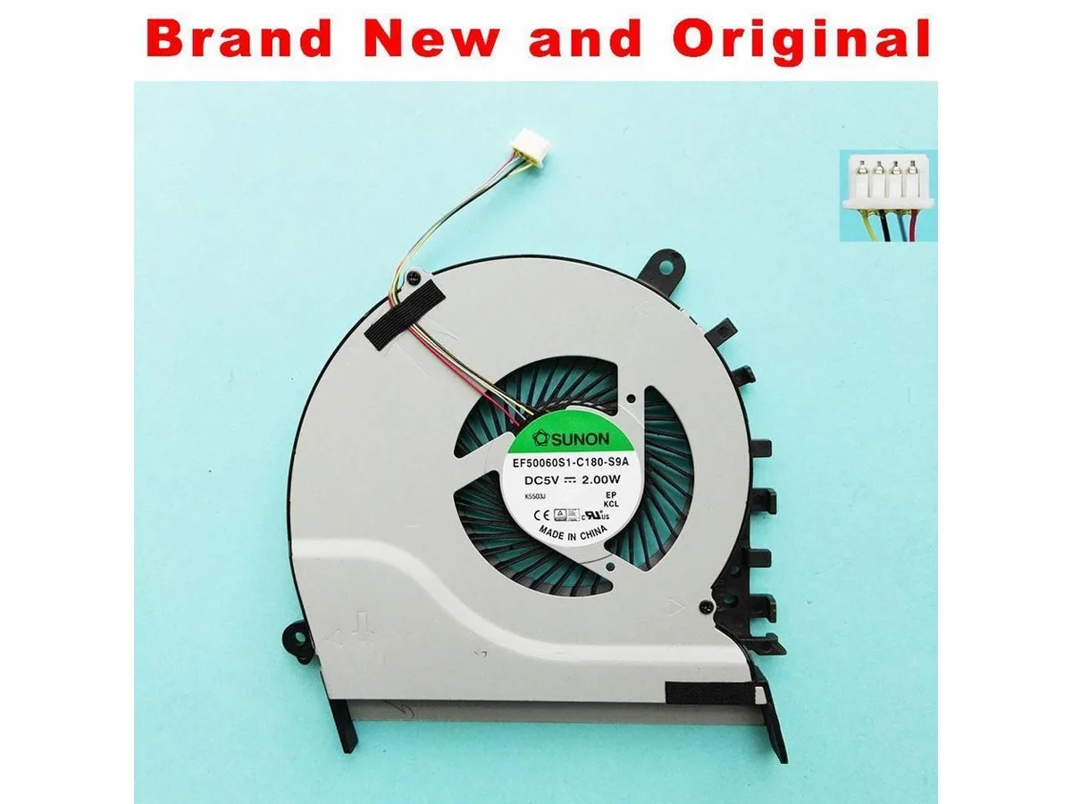 Small black laptop CPU cooling fan with plastic housing and wire connector