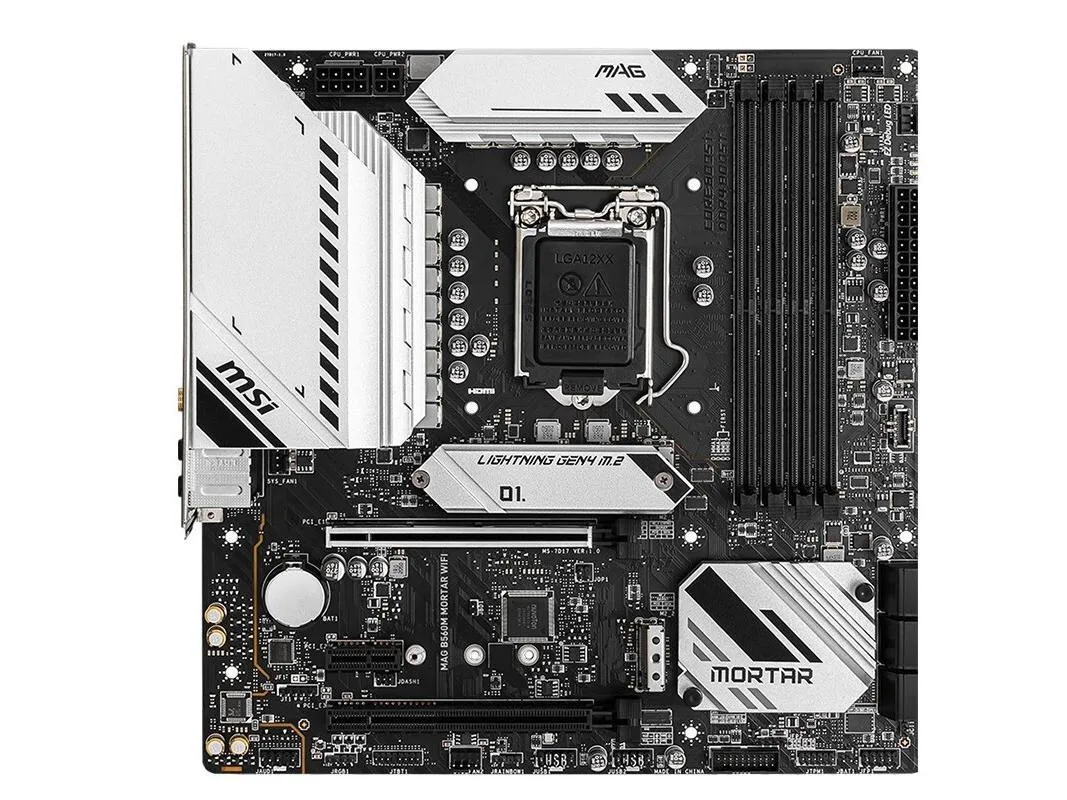 Micro ATX motherboard, dark PCB with silver heatsinks and black I/O shield