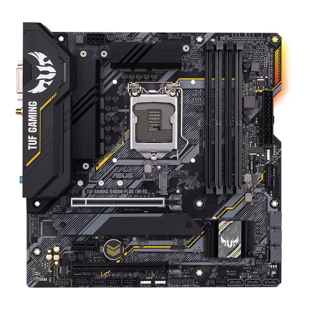 Micro ATX motherboard dark PCB with silver heatsinks and rear I/O shield