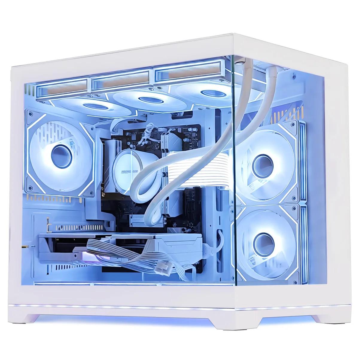 White mid-tower gaming desktop with ARGB fans and liquid cooler visible through side panel