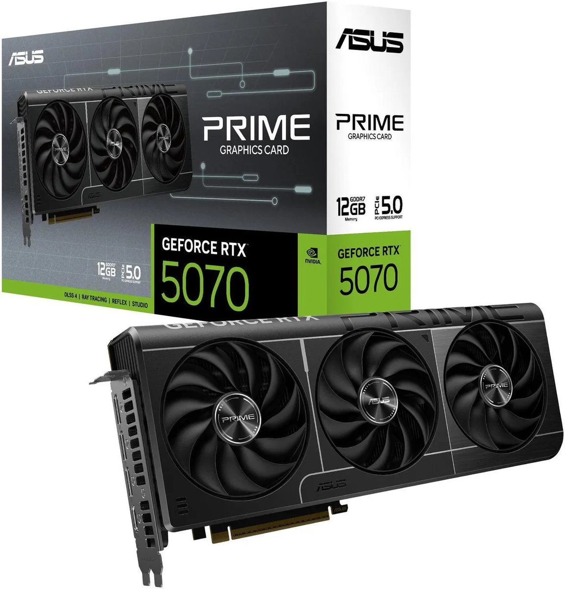ASUS PRIME GeForce RTX 5070 graphics card with dark shroud and triple fans